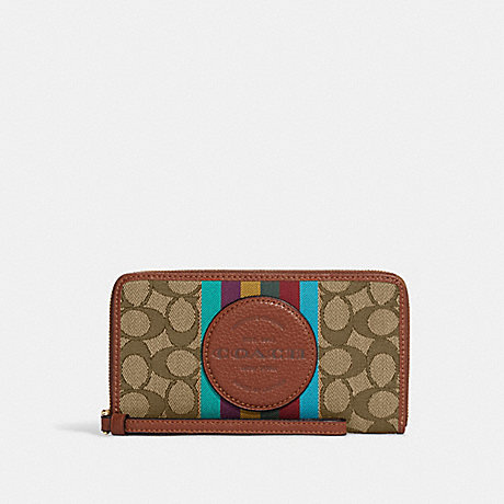 COACH CC890 Dempsey Large Phone Wallet In Signature Jacquard With Stripe And Coach Patch Gold/Khaki Multi