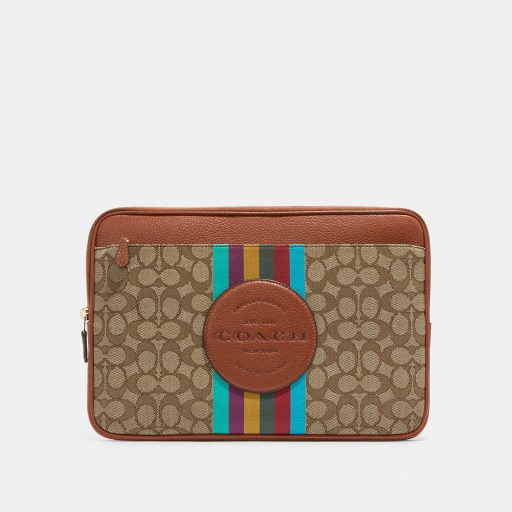 COACH CC891 Laptop Sleeve In Signature Jacquard With Stripe And Coach Patch GOLD/KHAKI MULTI