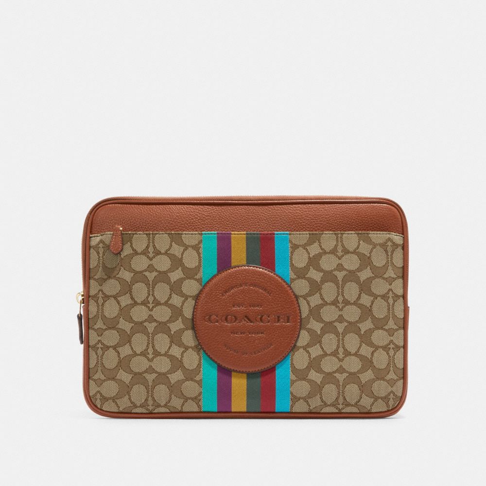 COACH CC891 Laptop Sleeve In Signature Jacquard With Stripe And Coach Patch Gold/Khaki Multi