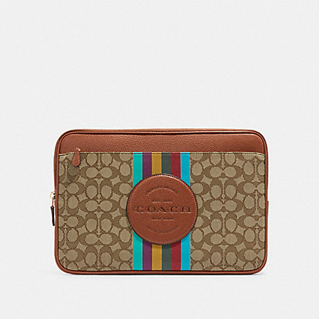 COACH CC891 Laptop Sleeve In Signature Jacquard With Stripe And Coach Patch Gold/Khaki Multi