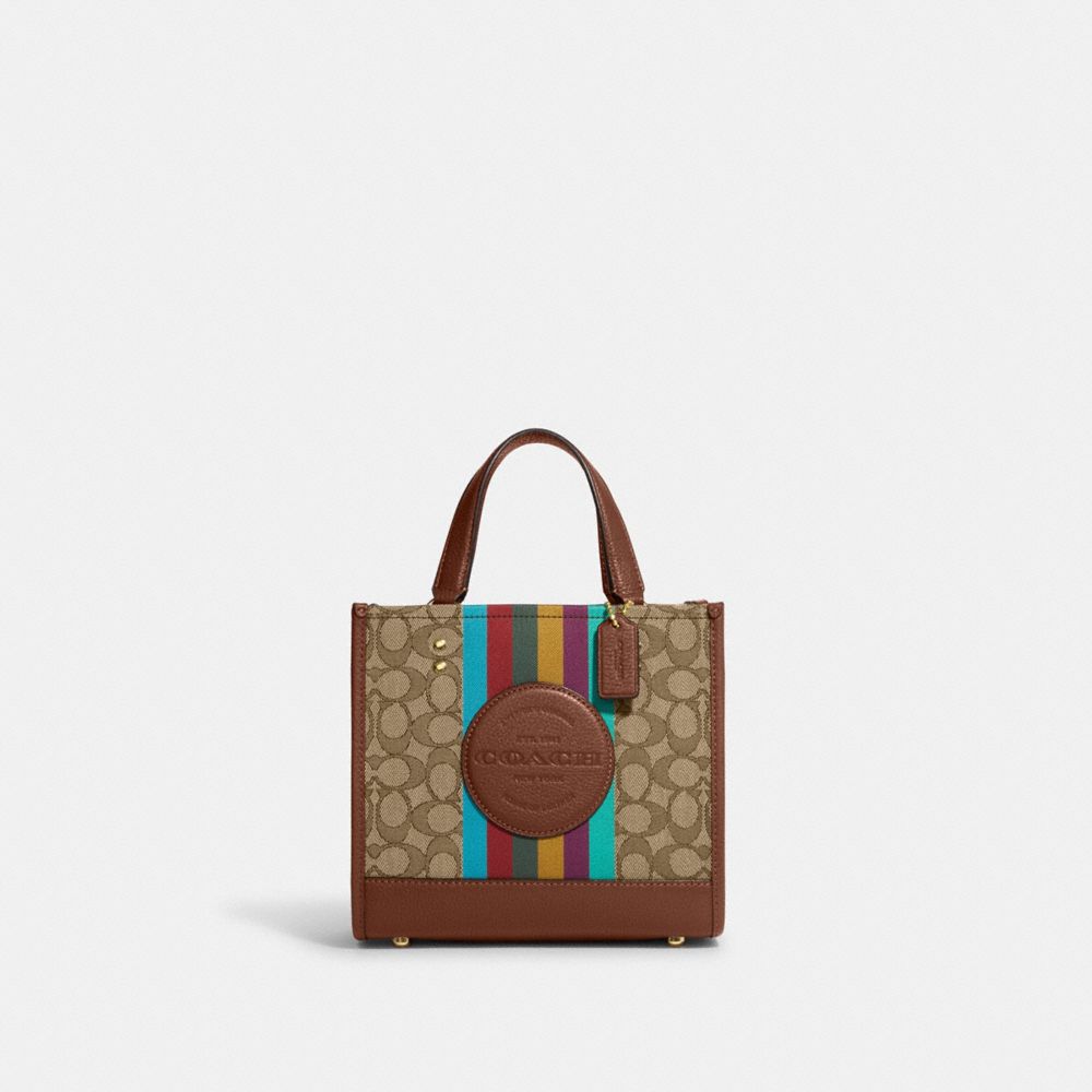 COACH CC906 Dempsey Tote 22 In Signature Jacquard With Coach Patch And Stripe GOLD/KHAKI/REDWOOD MULTI