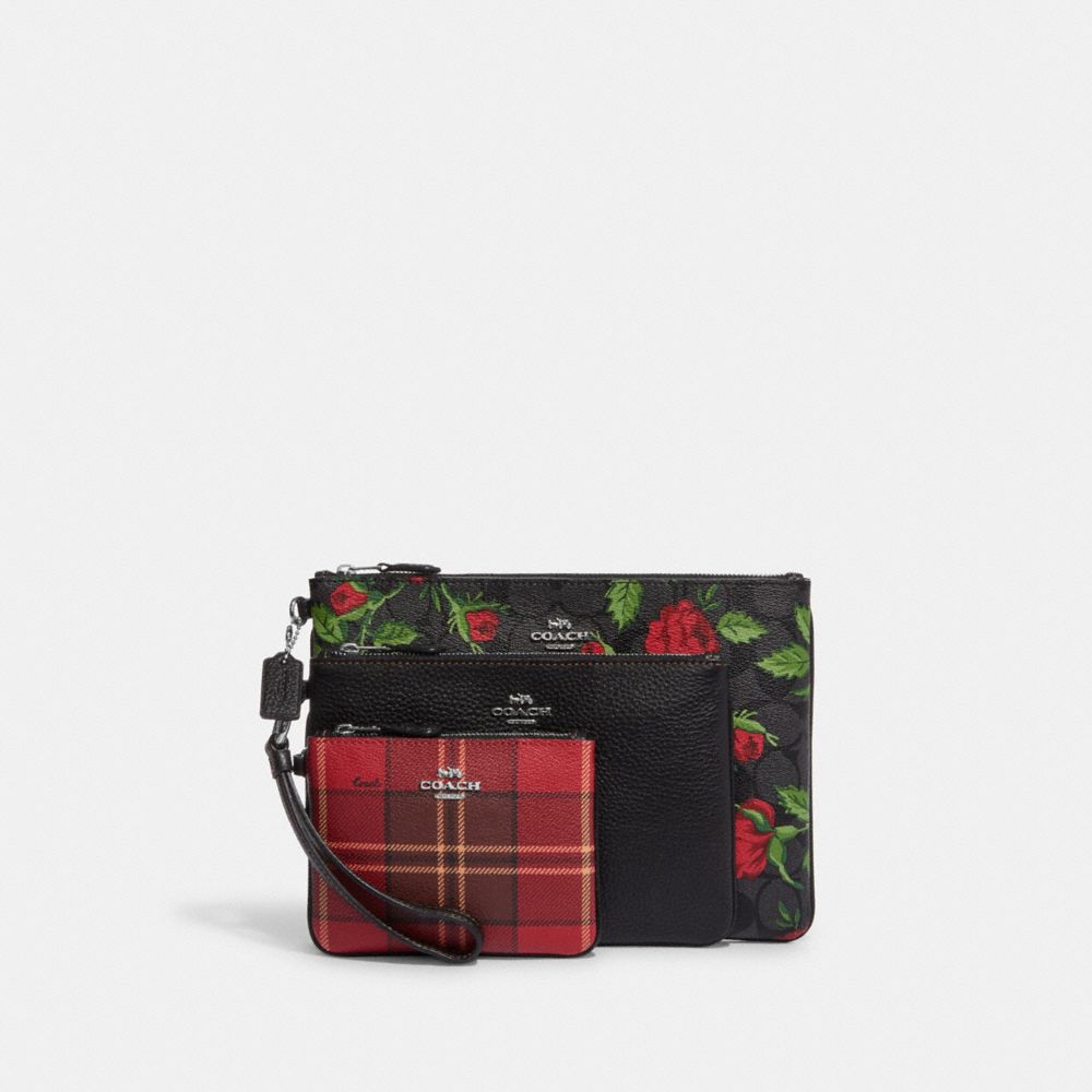 COACH CC911 Pouch Trio In Signature Canvas With Vintage Rose Print And Tartan Plaid Print SILVER/RED/BLACK MULTI