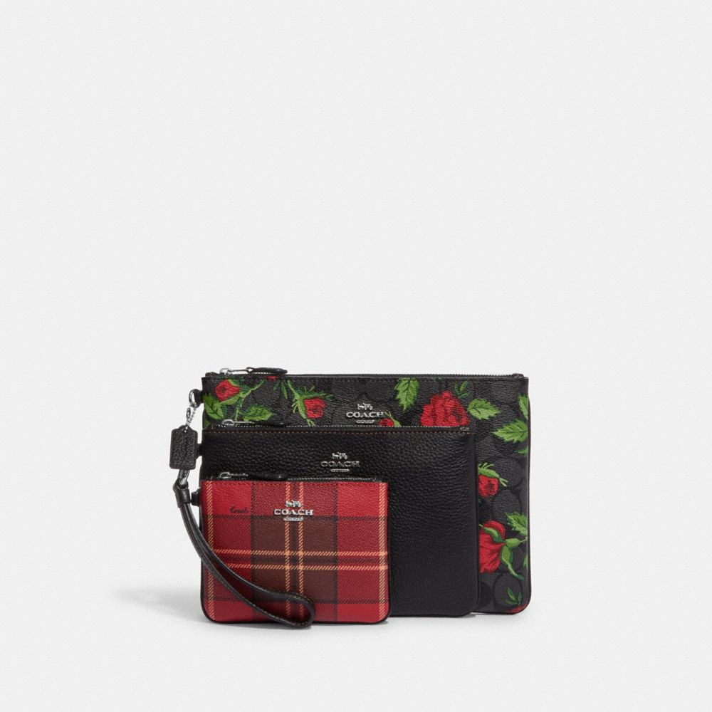 COACH CC911 Pouch Trio In Signature Canvas With Vintage Rose Print And Tartan Plaid Print Silver/Red/Black Multi