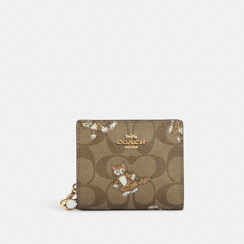 COACH CC922 Snap Wallet In Signature Canvas With Dancing Kitten Print Gold/Khaki Multi