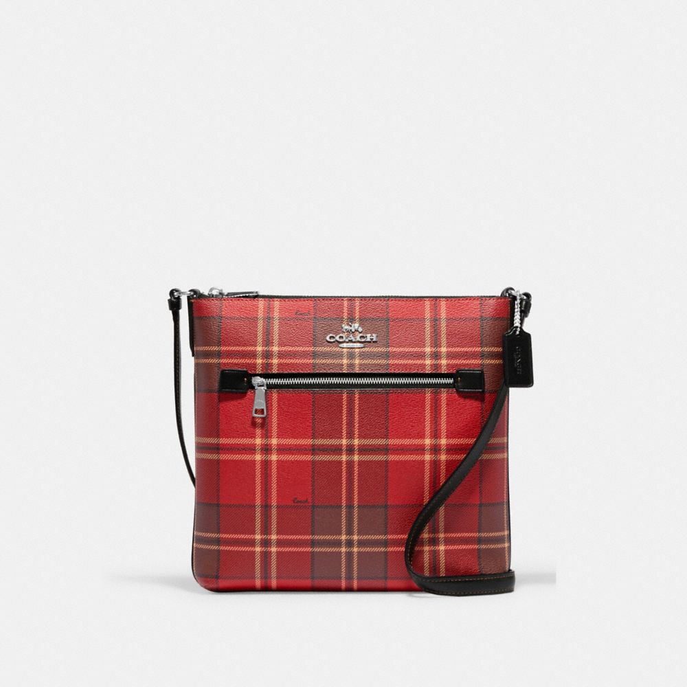 COACH CC924 Rowan File Bag With Tartan Plaid Print SV/RED/BLACK MULTI