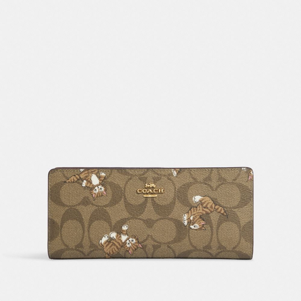Slim Wallet In Signature Canvas With Dancing Kitten Print - CC926 - Gold/Khaki Multi