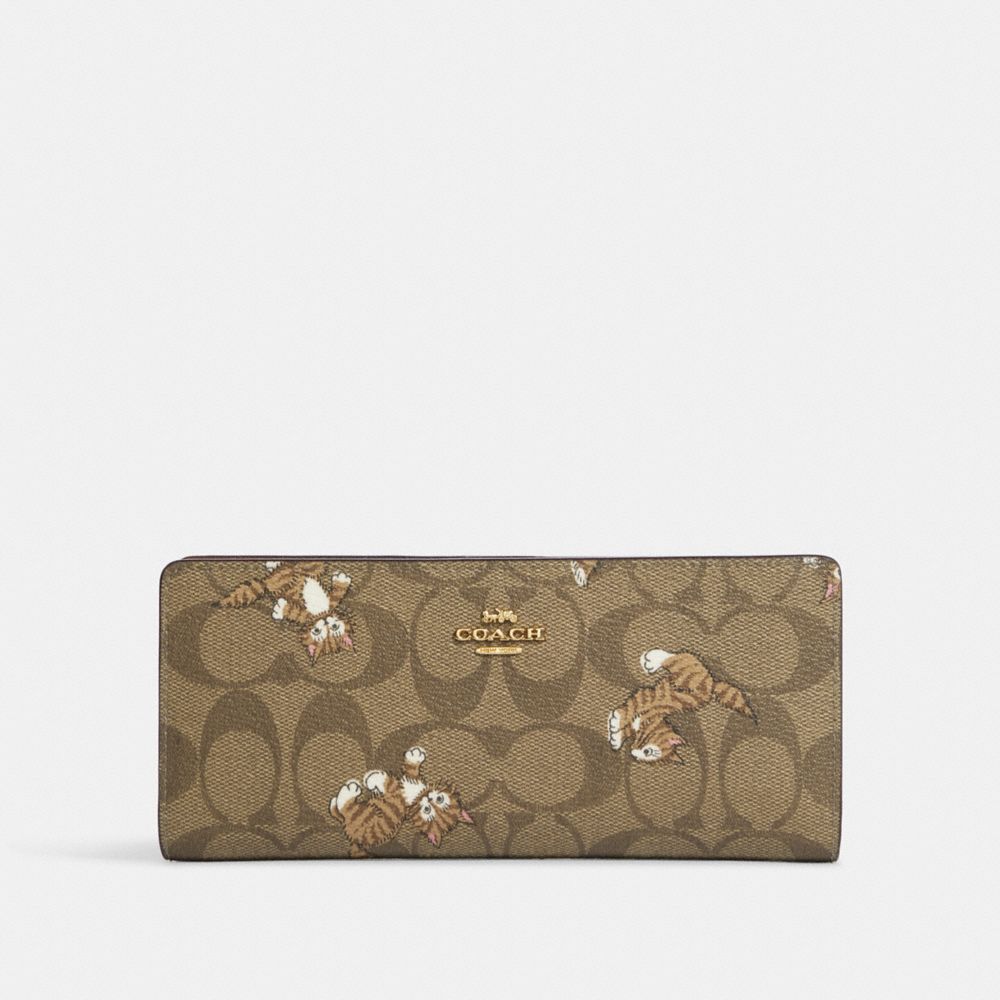 COACH CC926 Slim Wallet In Signature Canvas With Dancing Kitten Print GOLD/KHAKI MULTI