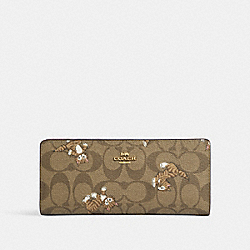 COACH CC926 Slim Wallet In Signature Canvas With Dancing Kitten Print GOLD/KHAKI MULTI