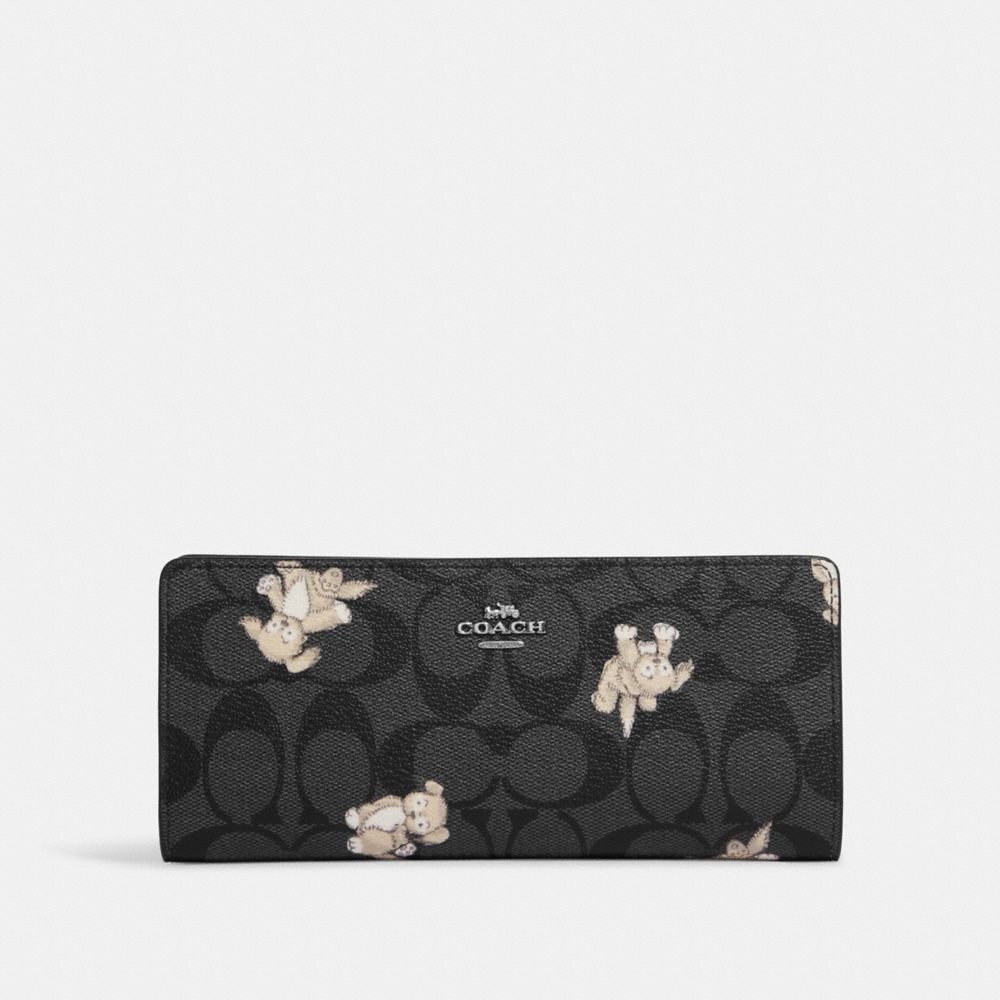 Slim Wallet In Signature Canvas With Happy Dog Print - CC927 - Silver/Black Multi