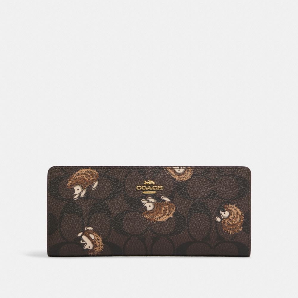 COACH CC928 Slim Wallet In Signature Canvas With Hedgehog Print GOLD/BROWN BLACK MULTI