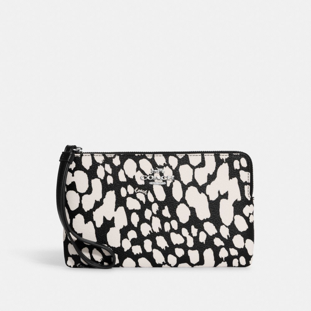 Large Corner Zip Wristlet With Spotted Animal Print - CC931 - SV/Black/Chalk Multi