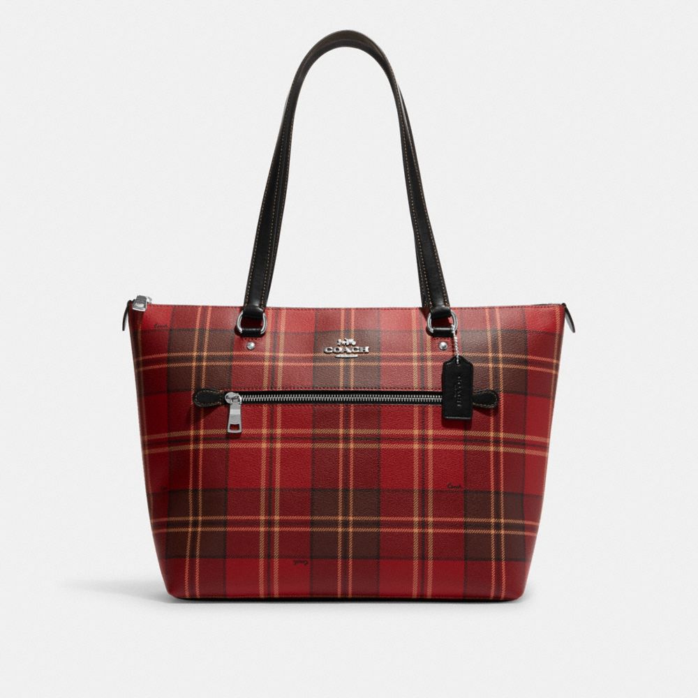 COACH CC939 Gallery Tote With Tartan Plaid Print SV/RED/BLACK MULTI