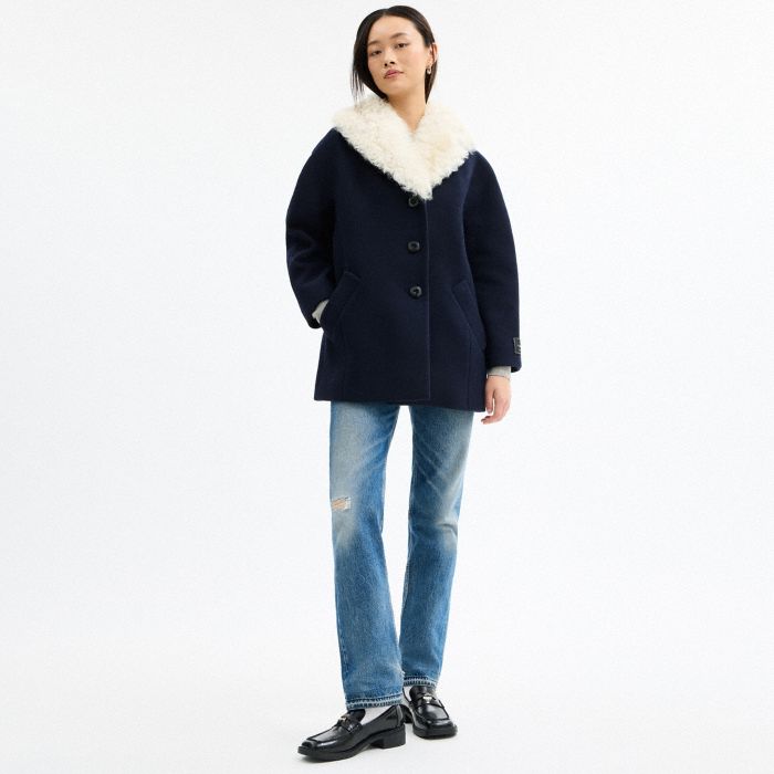WOOL COAT WITH SHEARLING COLLAR