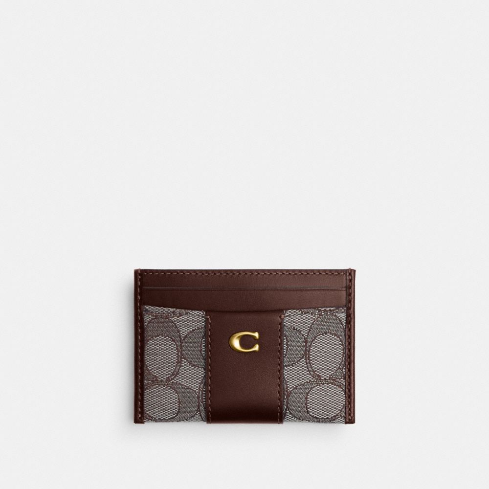 COACH&reg;,Essential Card Case In Signature Jacquard,Cotton,Calfskin Leather,Recycled Polyester,Cotton Blend,Card Case,Logo,Me...,Brown,Front View