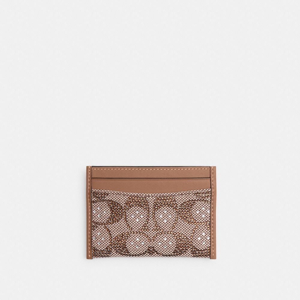 COACH®,Essential Card Case In Crystal Signature Jacquard,Leather,Cotton,Recycled Polyester,Card Case,Plastic,Rhinestones,Sust,,Front View