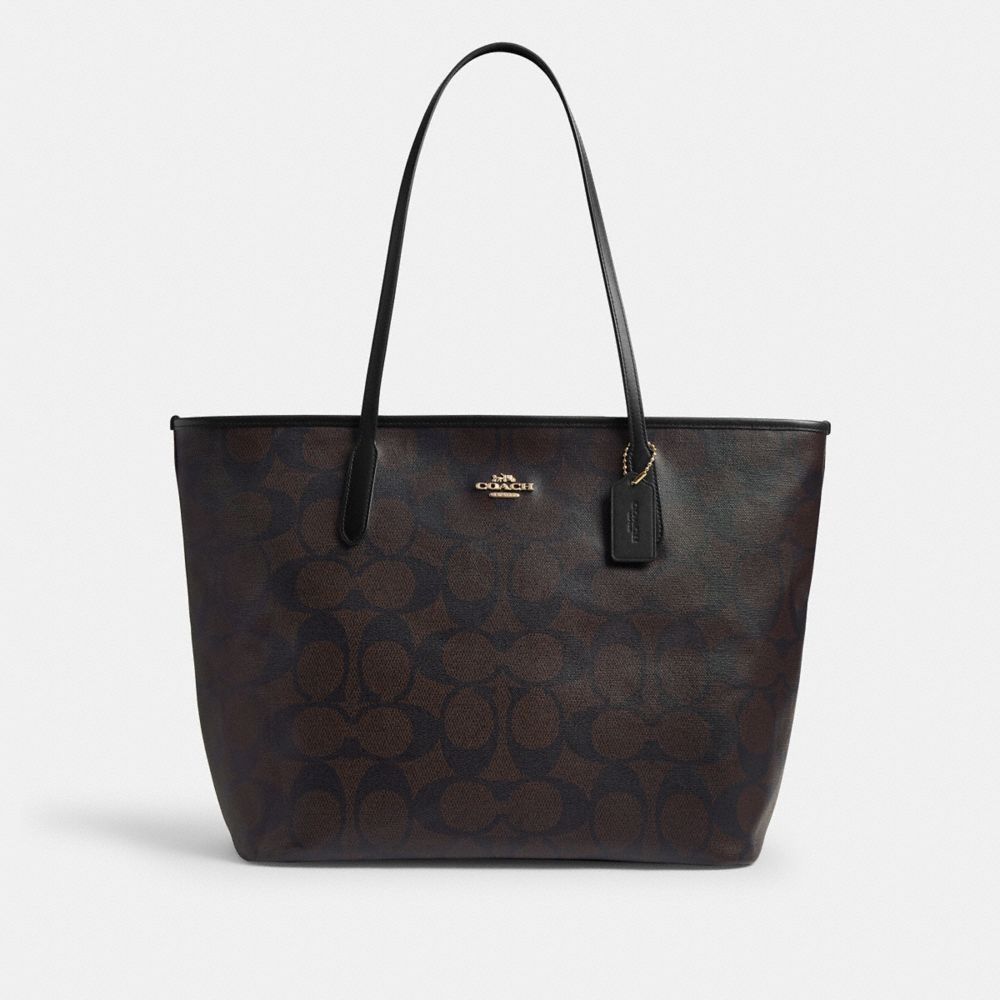 Large City Tote Bag In Maxi Signature Canvas - CCD66 - Gold/Walnut/Black