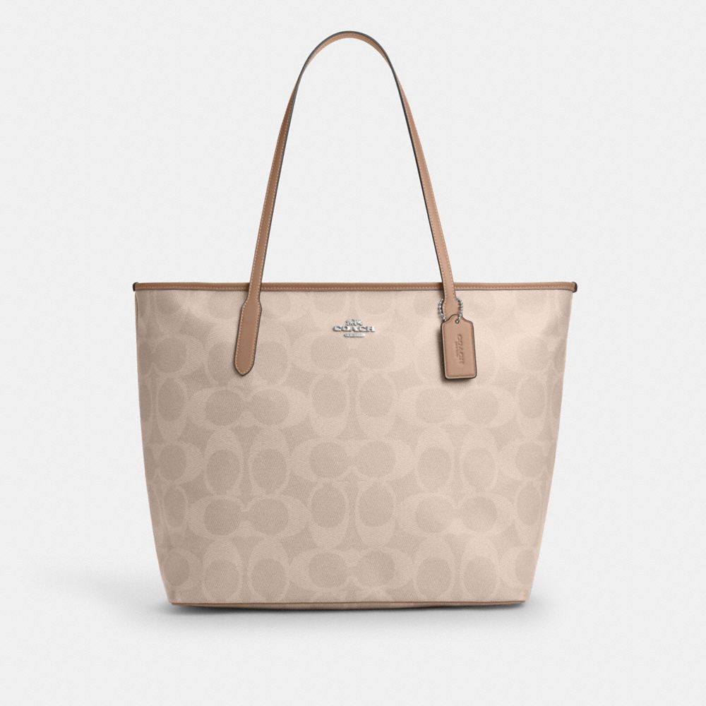 Large City Tote Bag In Maxi Signature Canvas - CCD66 - Silver/Sand/Taupe