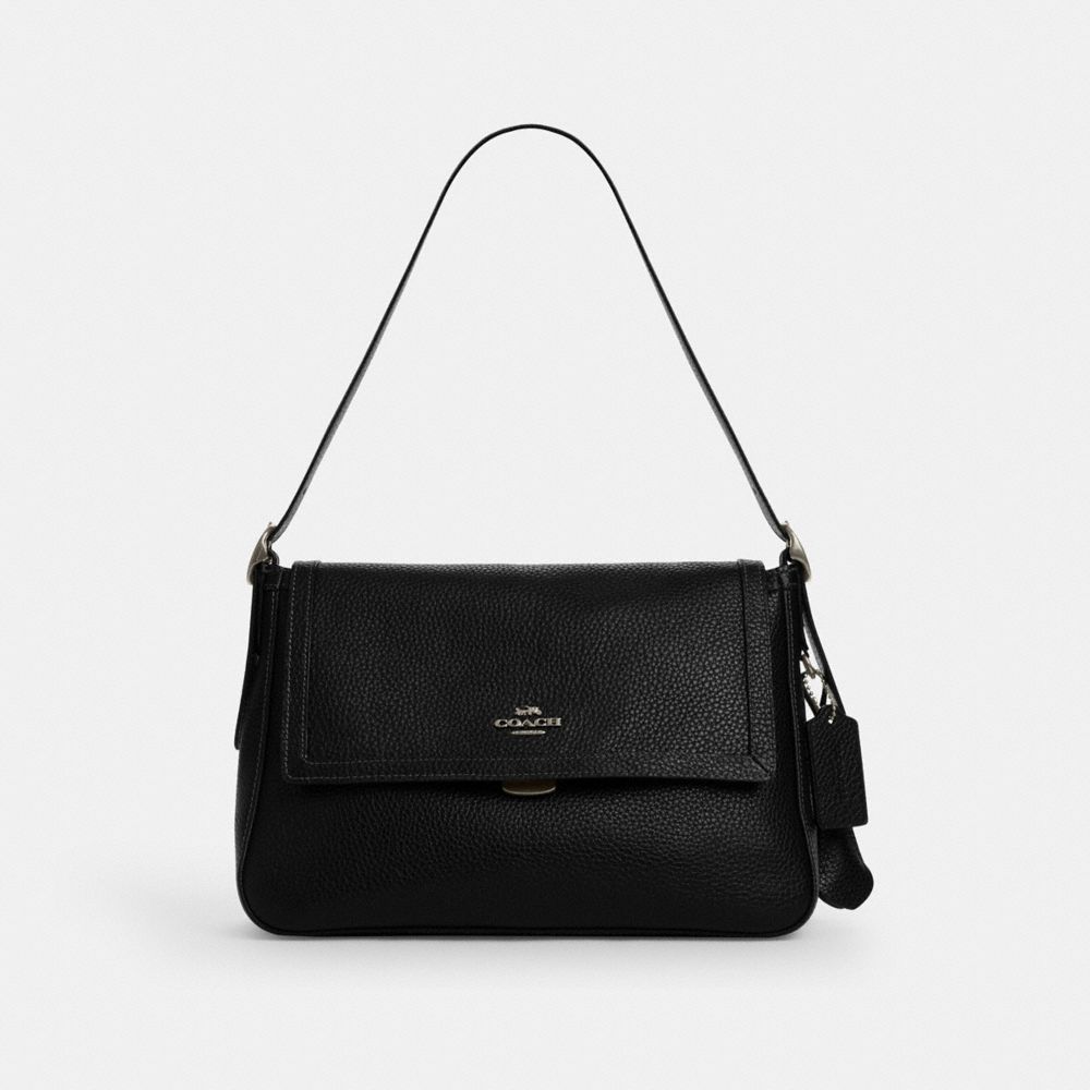 COACH&reg;,Etta Flap Bag,Fabric,Leather,Shoulder Bag,Lined,Adjustable,Casual,Black,Front View