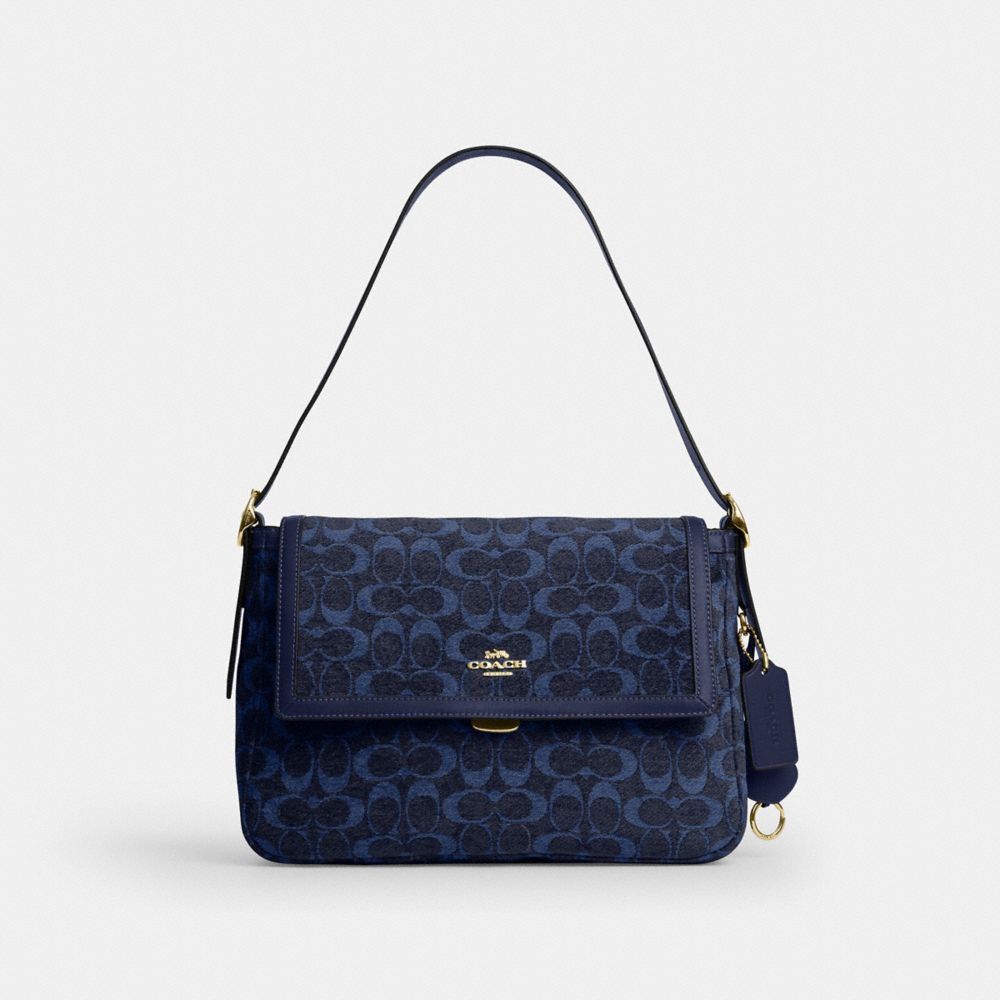 COACH®,Etta Flap Bag In Signature Chenille,Fabric,Mixed Media,Leather,Shoulder Bag,Word Embellishment,Logo,Adjustable,Line...,,Front View