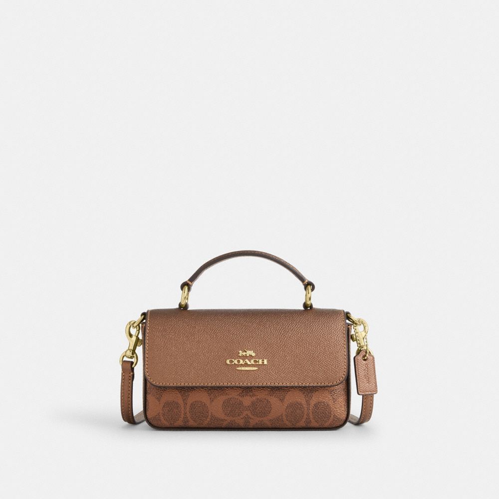COACH&reg;,Mini Josie Top Handle Bag In Signature Canvas,Leather,Canvas,Satchel,Logo,Metal,Casual,Brown,Front View