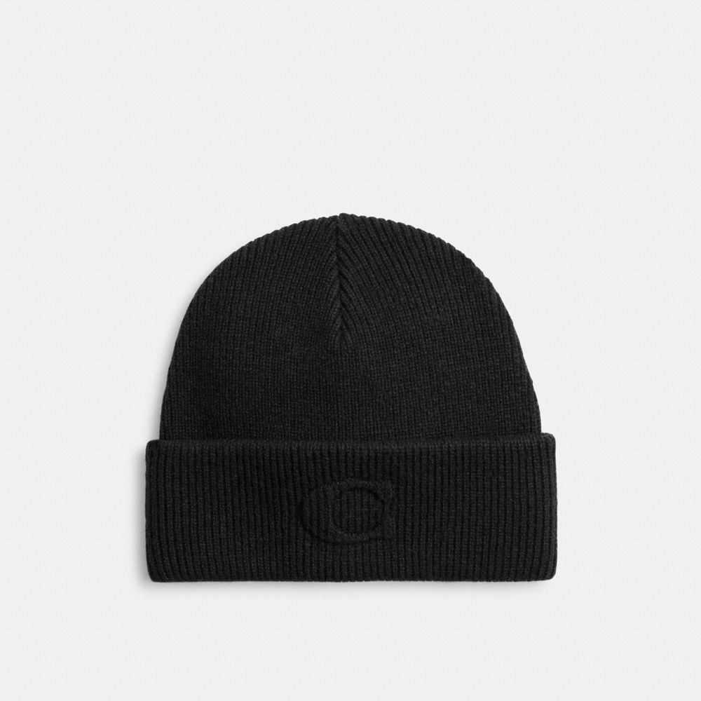 COACH CCL44 Signature Embossed Knit Beanie BLACK