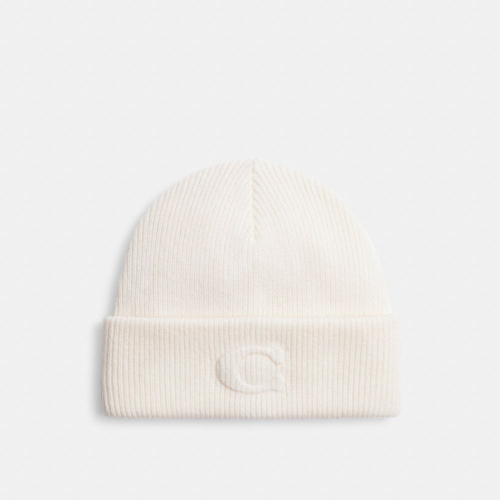 COACH CCL44 Signature Embossed Knit Beanie CHALK