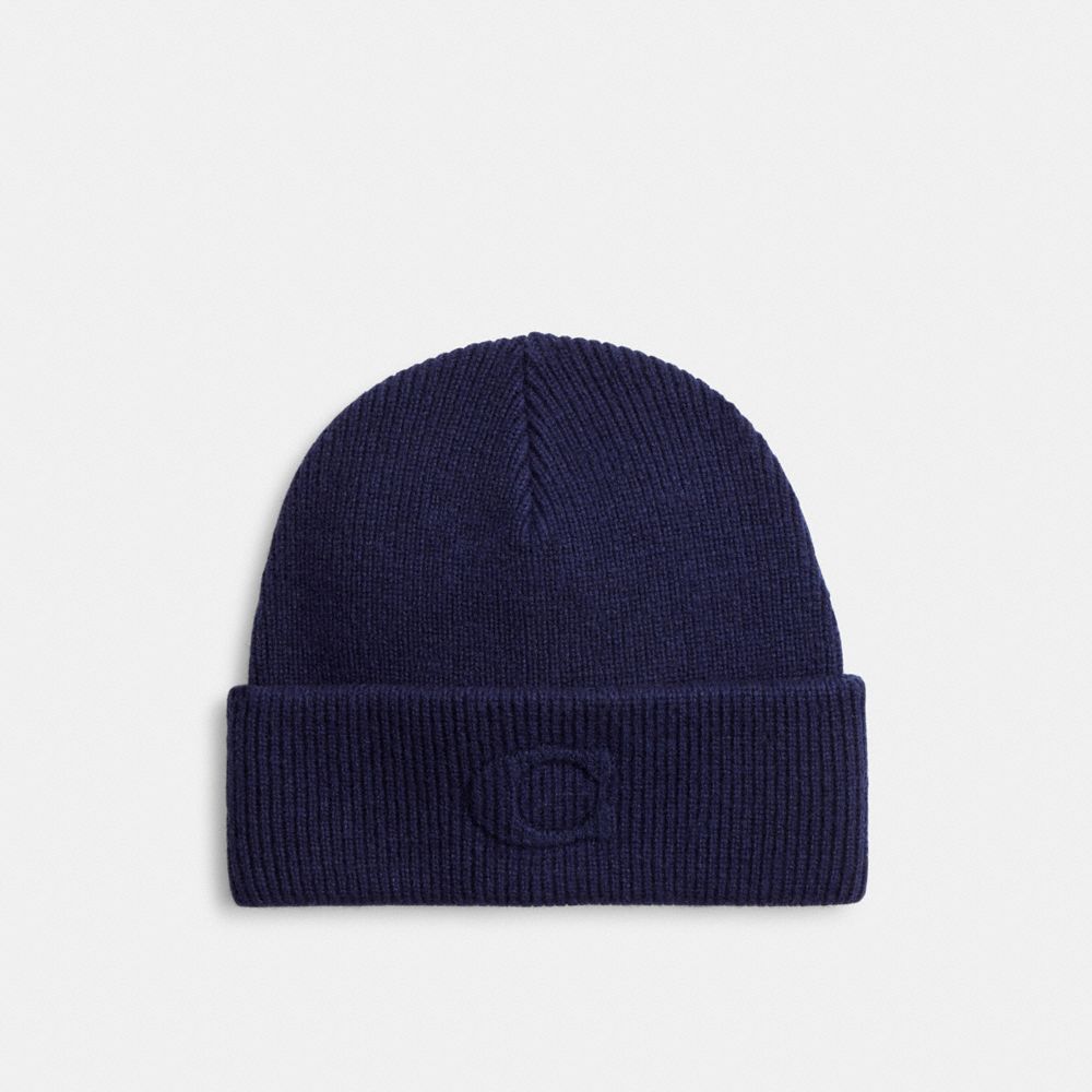 COACH CCL44 Signature Embossed Knit Beanie DEEP BLUE