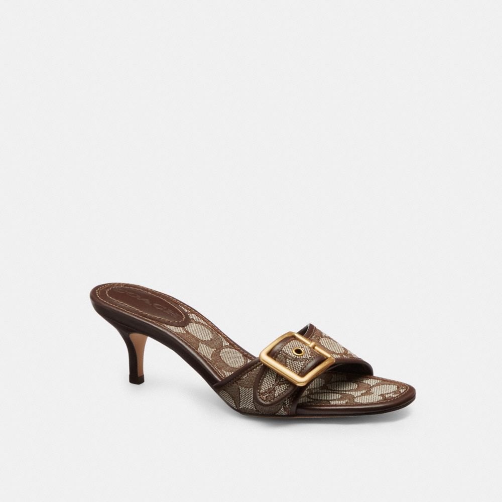 COACH&reg;,Margot Sandal In Signature Jacquard,Leather,Recycled Cotton,Recycled Polyester,Slides,Fabric,Logo,Piping,Sustainabl...,Brown,Front View