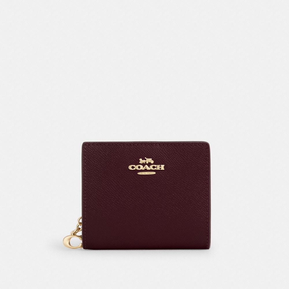 COACH&reg;,Snap Wallet,Leather,Bi Fold,Metal,Casual,Maroon,Front View