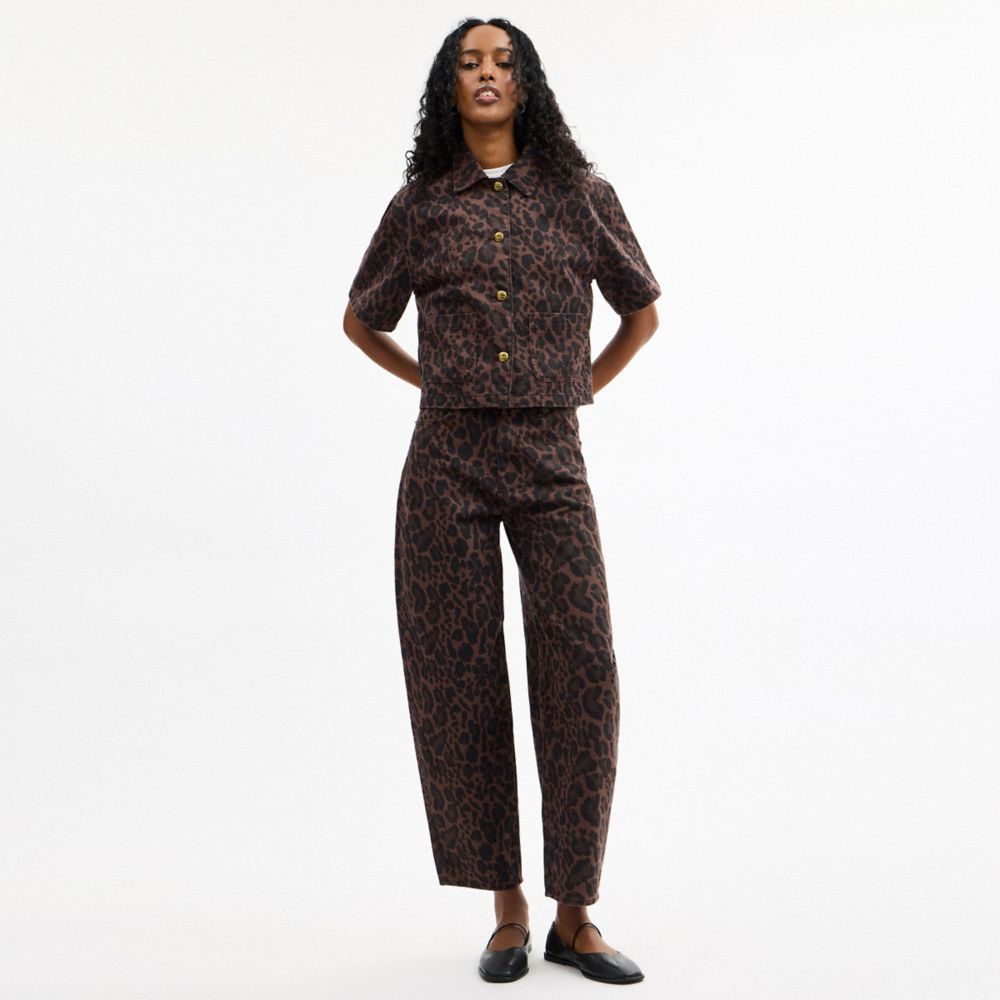 有棉質豹紋印花直筒丹寧褲