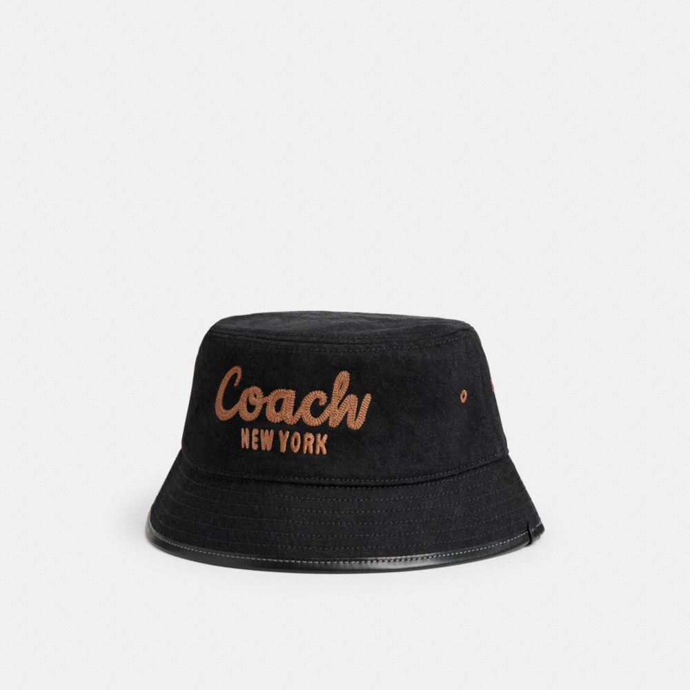 COACH SCRIPT EMBROIDERED DENIM BUCKET HAT