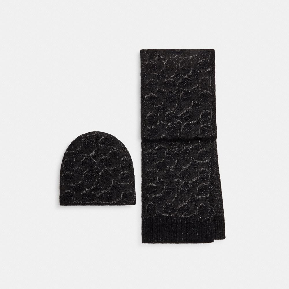 COACH CCT69 Signature Metallic Beanie And Muffler Gift Set Black