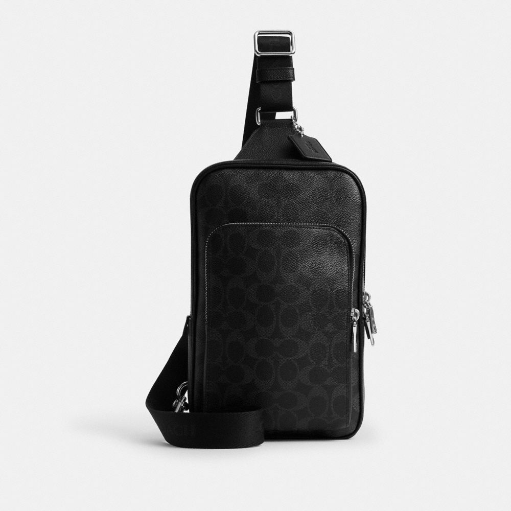 COACH&reg;,Felix Sling Bag In Signature Canvas,Canvas,Fabric,Leather,Mesh,Slingback,Logo,Pattern,Adjustable,Compact,Lined,Brea...,Black,Front View