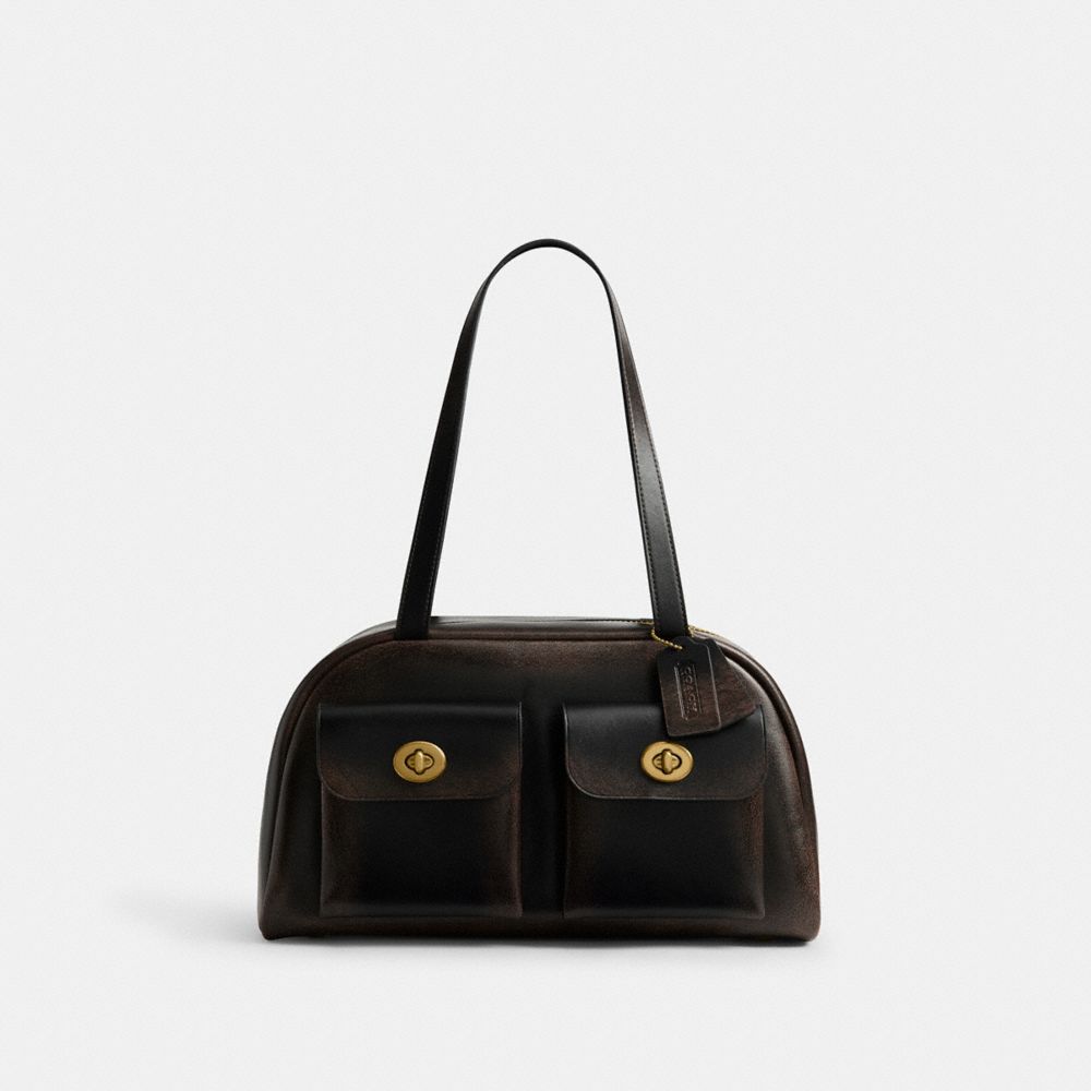 COACH&reg;,Twin Turnlock Bag In Loved Leather,Leather,Bowler Bag,Lined,Brass,Day Party,Black,Front View