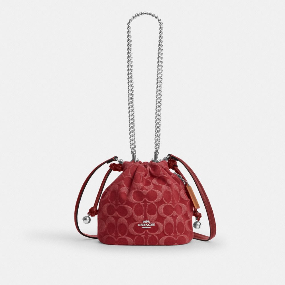 COACH&reg;,Faye Mini Drawstring Bag In Signature Denim,Denim,Cotton,Leather,Bucket,Logo,Metal,Silver Metal,Day Party,Silver/True Red