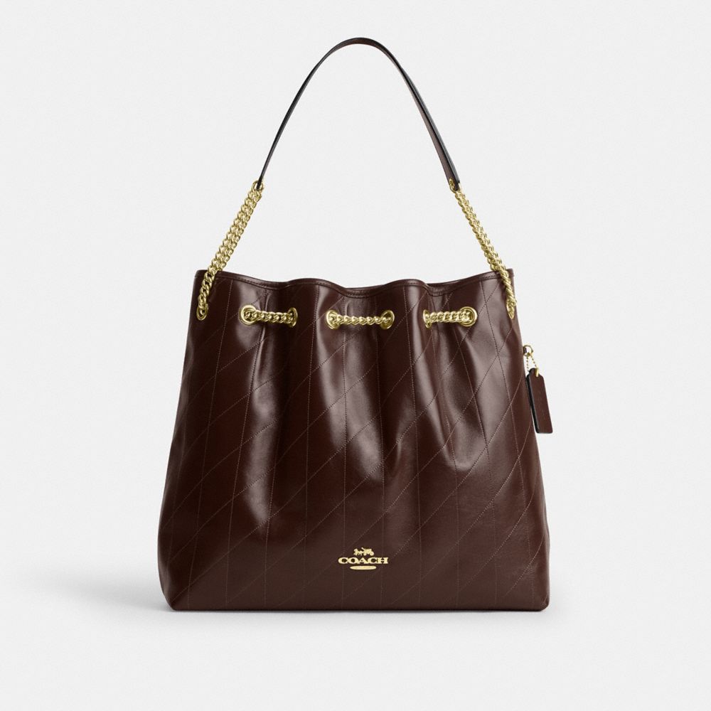 COACH®,Evelyn Large Shoulder Bag With Quilting,Leather,Bucket,Metal,Logo,Day Party,,Front View