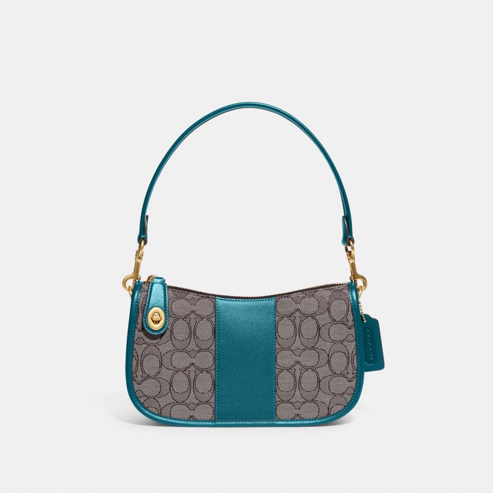 COACH CD678 Swinger In Signature Jacquard BRASS/OAK DEEP TURQUOISE