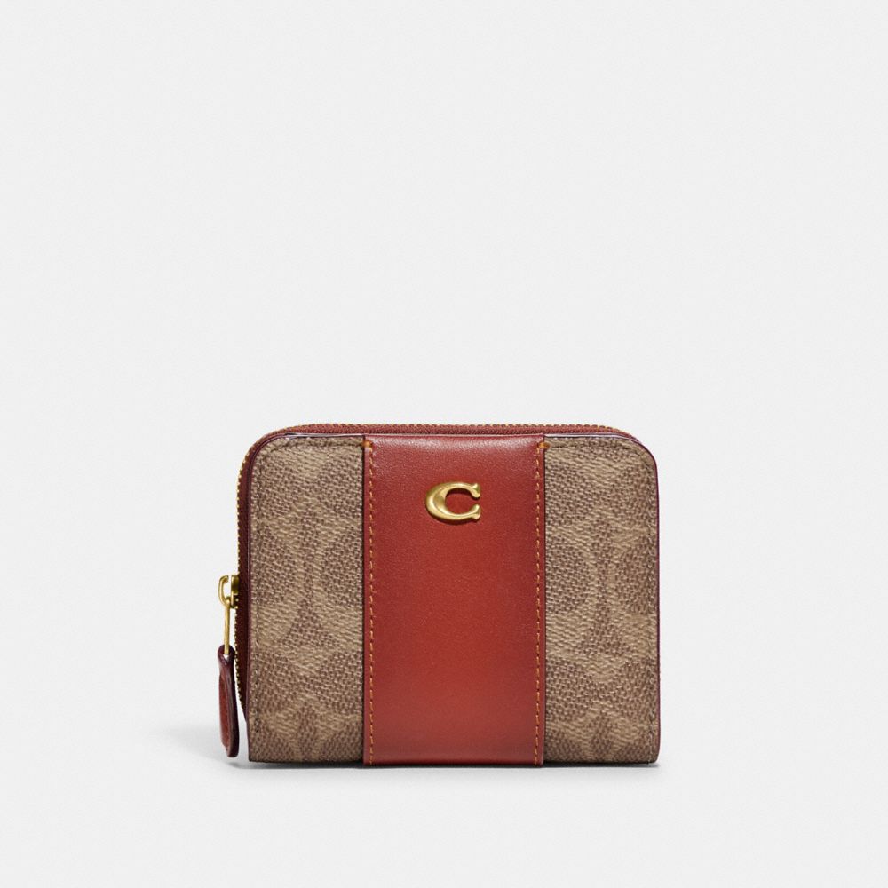 COACH CD716 Billfold Wallet In Colorblock Signature Canvas Brass/Tan/Rust