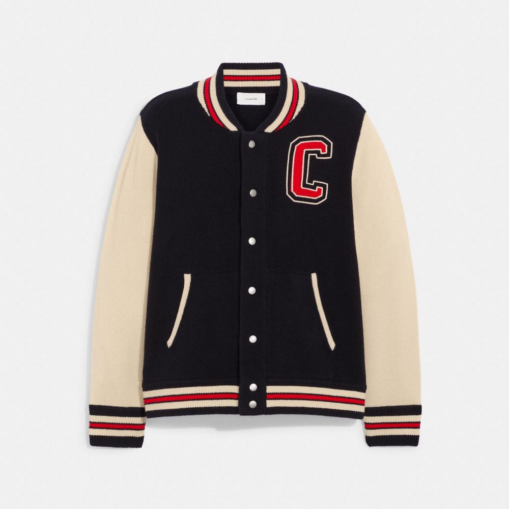COACH CD775 Varsity Cardigan In Recycled Wool And Recycled Polyester BLACK/IVORY