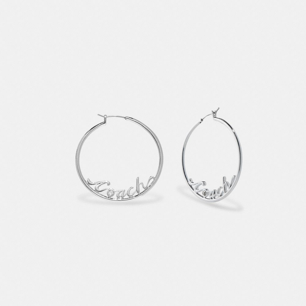 COACH CD790 Logo Script Hoop Earrings SILVER/CRYSTAL