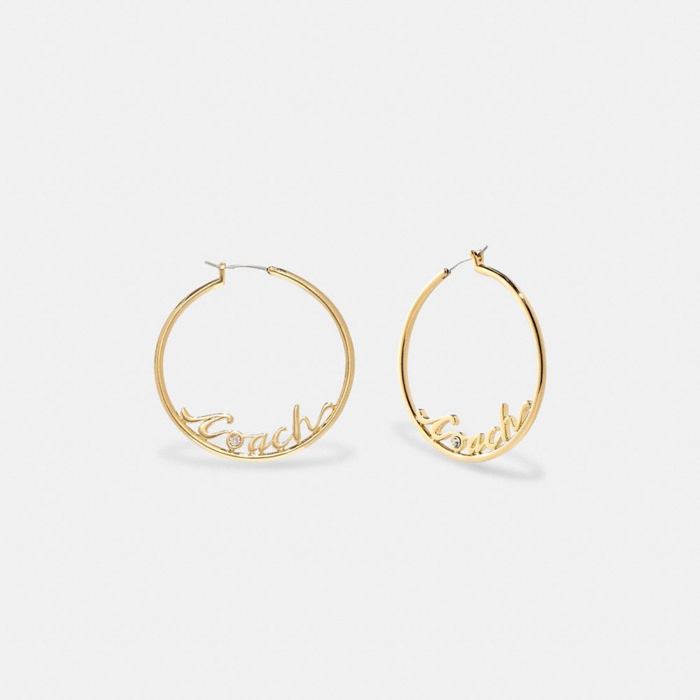 COACH CD790 Logo Script Hoop Earrings GOLD