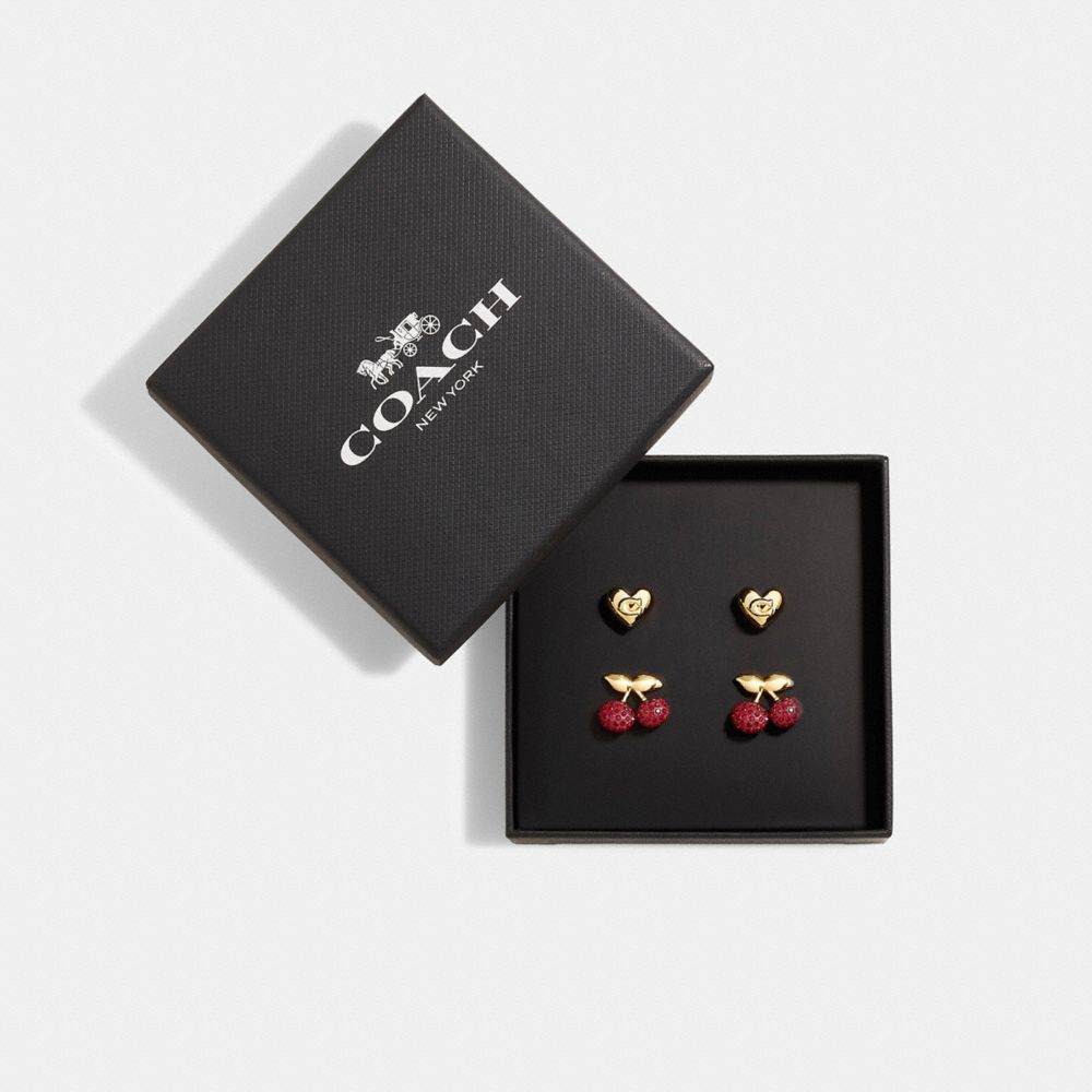 CD849 - Pavé Cherry And Heart Stud Earrings Set GOLD/RED