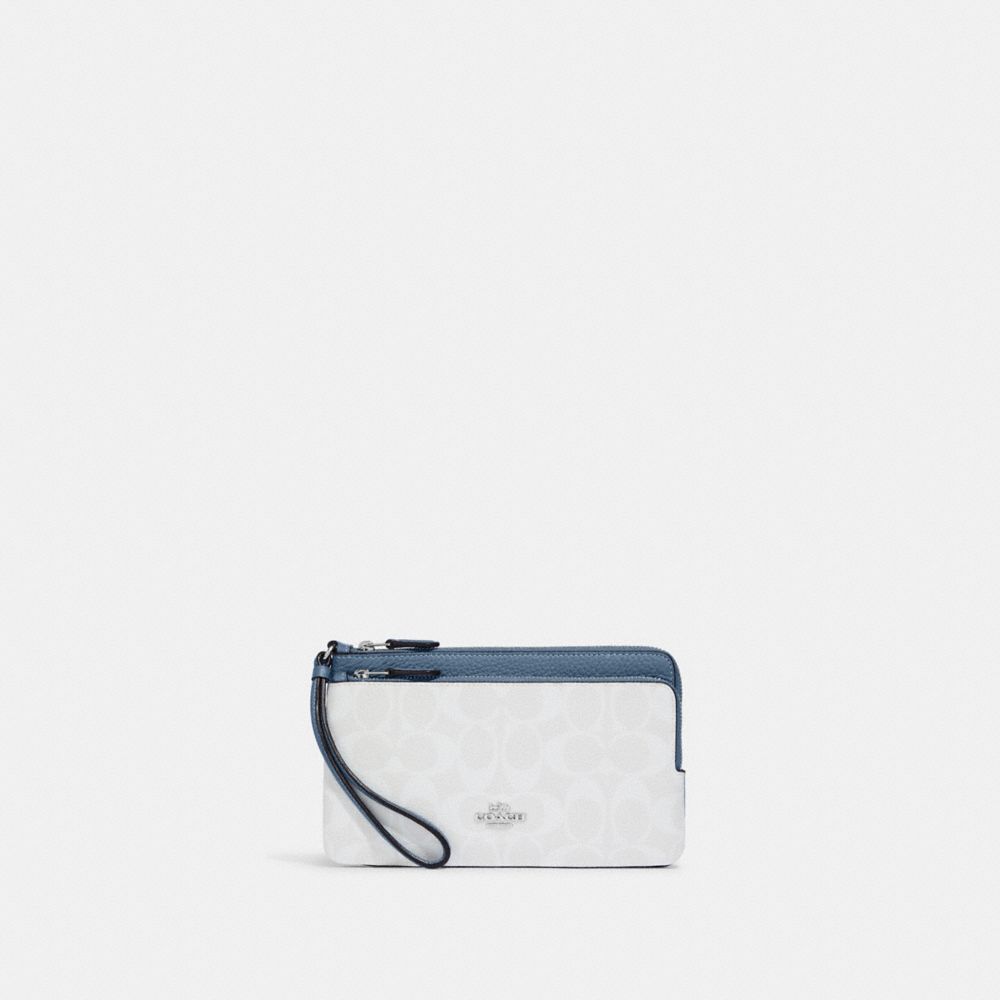 COACH CD878 Double Zip Wallet In Blocked Signature Canvas SV/CHALK/INDIGO MULTI