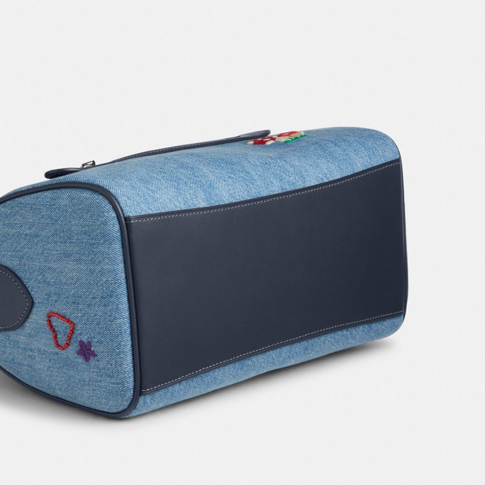 ROWAN SATCHEL BAG IN SIGNATURE DENIM WITH PATCHES AND EMBROIDERY