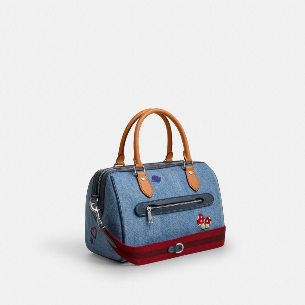 ROWAN SATCHEL BAG IN SIGNATURE DENIM WITH PATCHES AND EMBROIDERY
