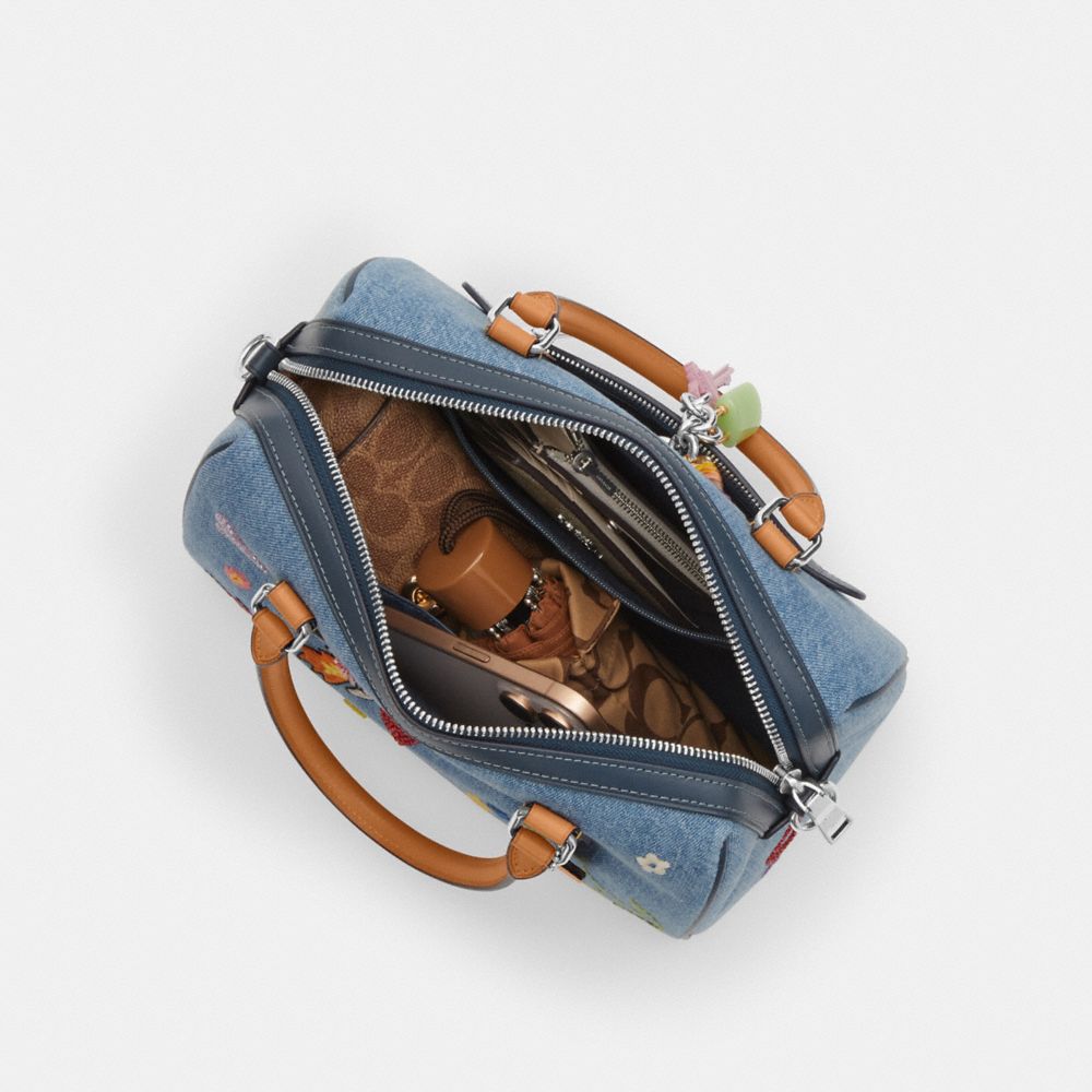 ROWAN SATCHEL BAG IN SIGNATURE DENIM WITH PATCHES AND EMBROIDERY