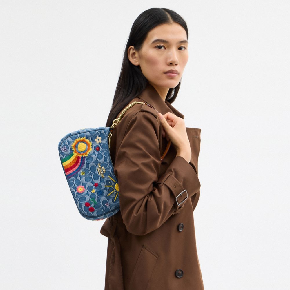 TERI SHOULDER BAG IN SIGNATURE DENIM WITH EMBROIDERY