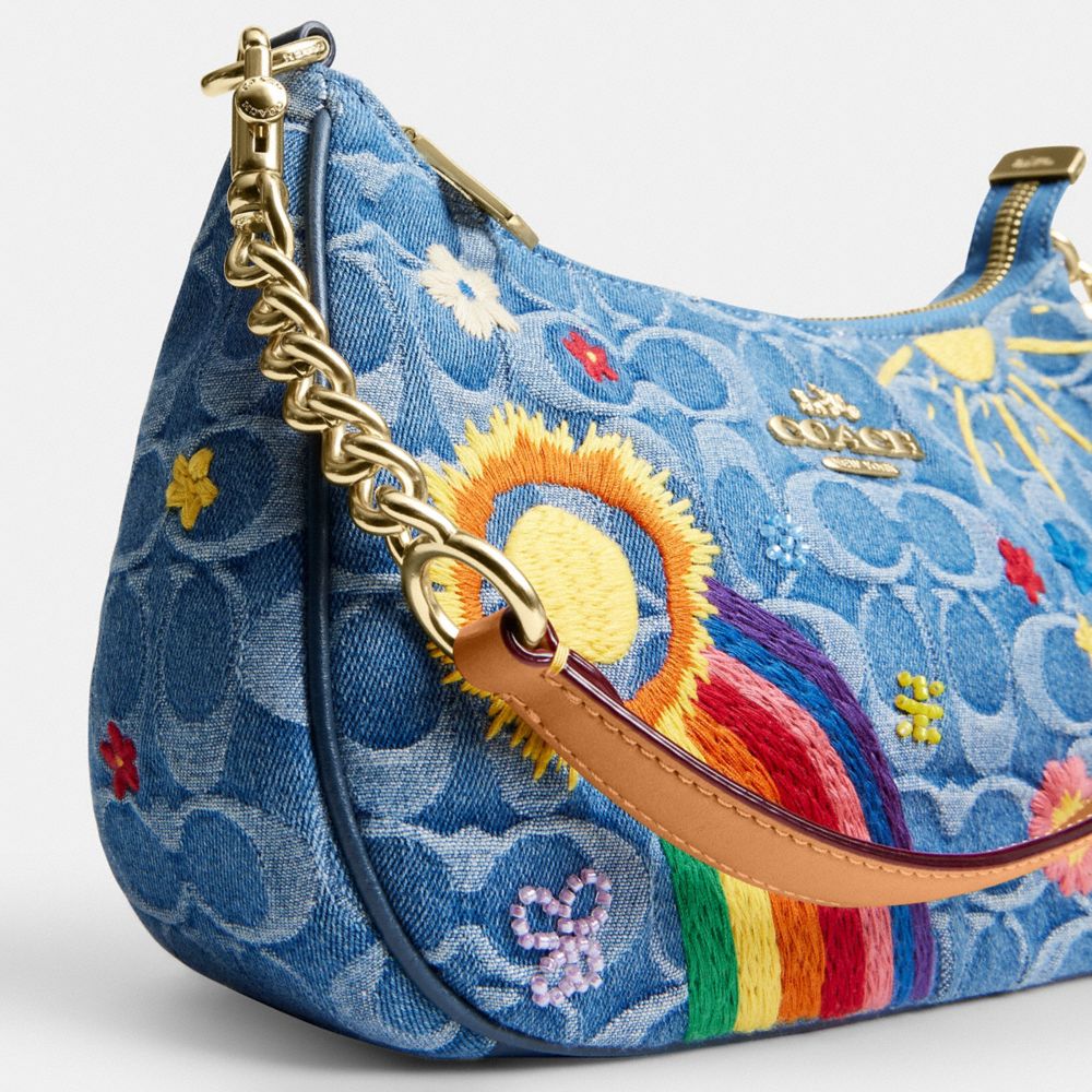 TERI SHOULDER BAG IN SIGNATURE DENIM WITH EMBROIDERY