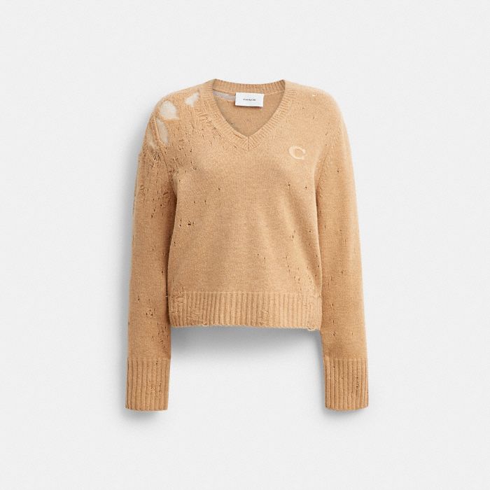 DISTRESSED LONG SLEEVE V-NECK SWEATER