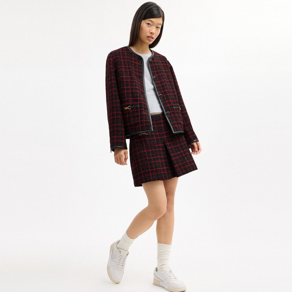 立體 C 字飾件粗花呢外套